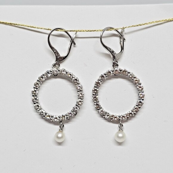 Premier Designs 925 Sterling Silver CZ Crystal Pearl Dangle Earrings Circle - Picture 2 of 12